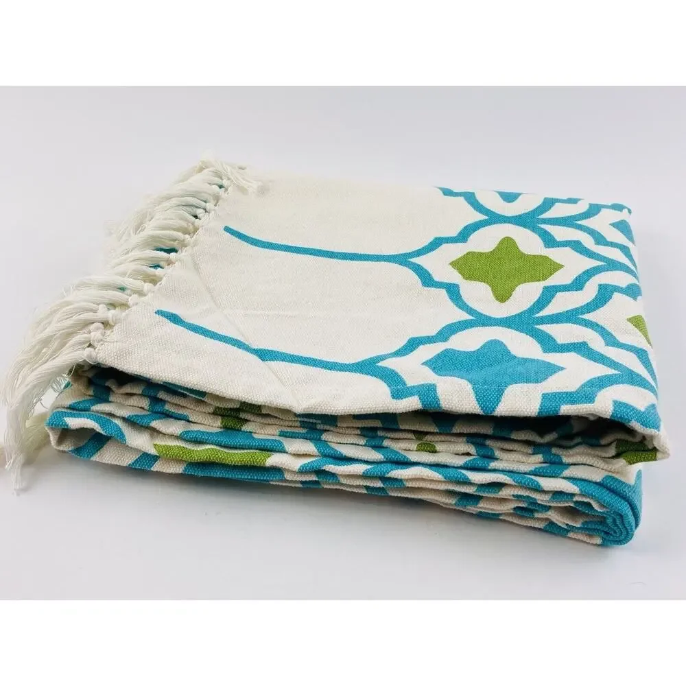 Cotton Tablecloth Runner Moroccan Style Made In India Blue Green Fringe Jabara
